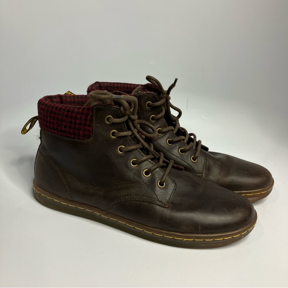 Dr. Martens Brown Leather Ankle Boots with Burgundy Plaid Cuff